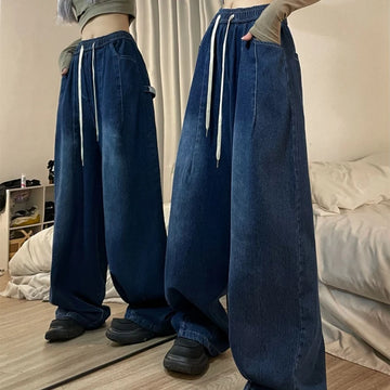 MQTIME  - Elastic Waist Oversized American Trouser Denim Wide Leg Streetwear Straight Basic Pants Y2k Spring Women Vintage Baggy Jeans